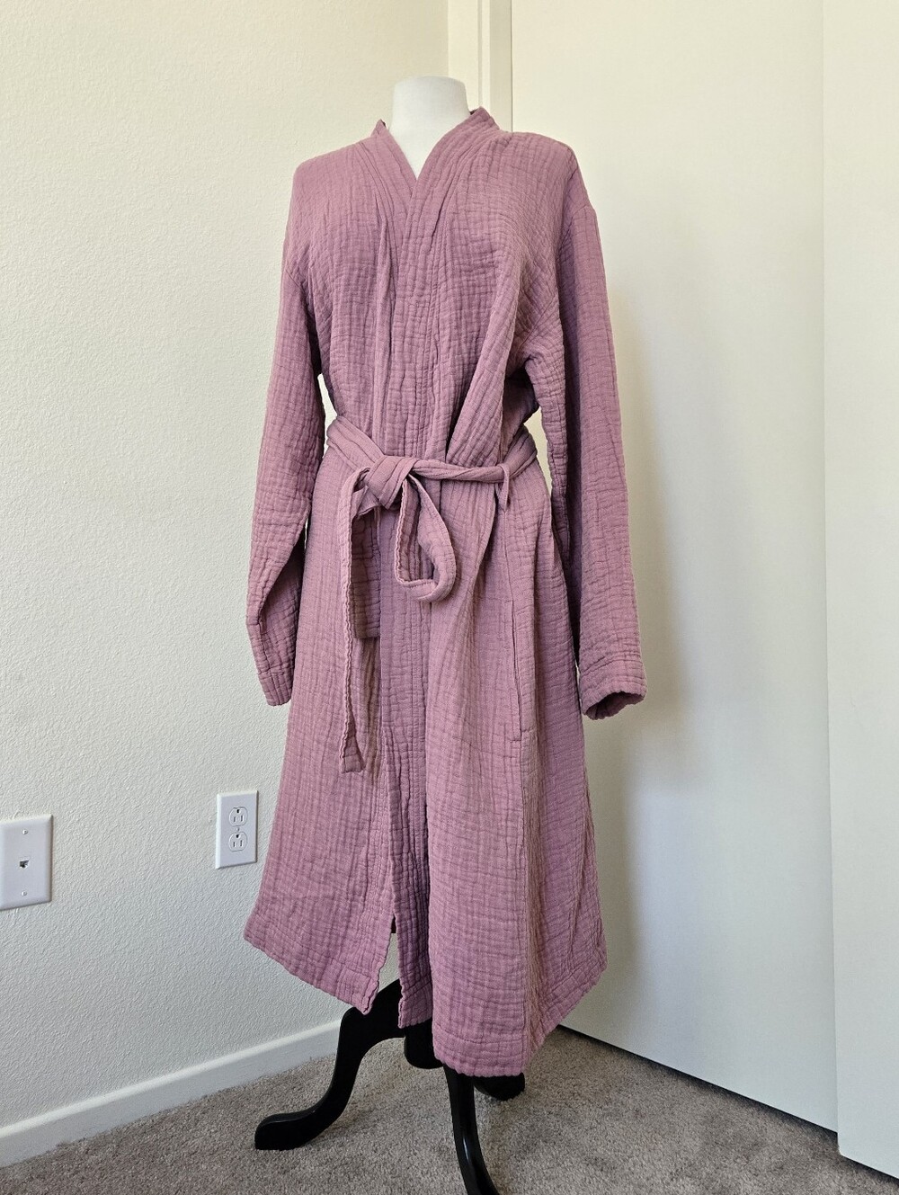 NWT Brooklinen Women's Mauve /Tulip Airweave Crinkle 100% Cotton Robe with Belt